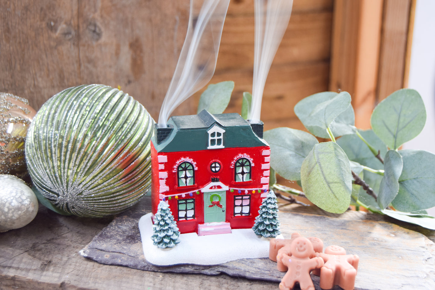 Christmas Red House with Trees Incense Cone Burner