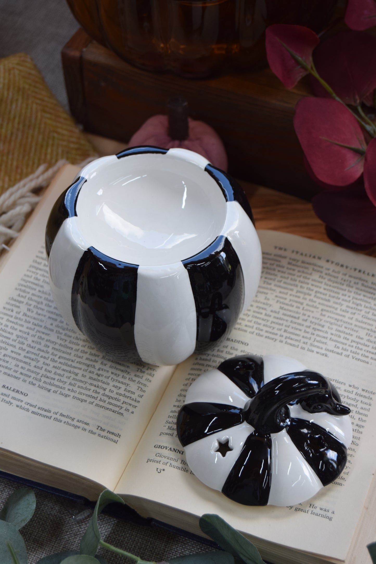 Black + White Striped Pumpkin Wax Burner