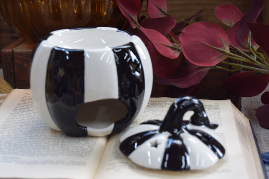 Black + White Striped Pumpkin Wax Burner