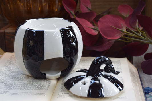 Black + White Striped Pumpkin Wax Burner