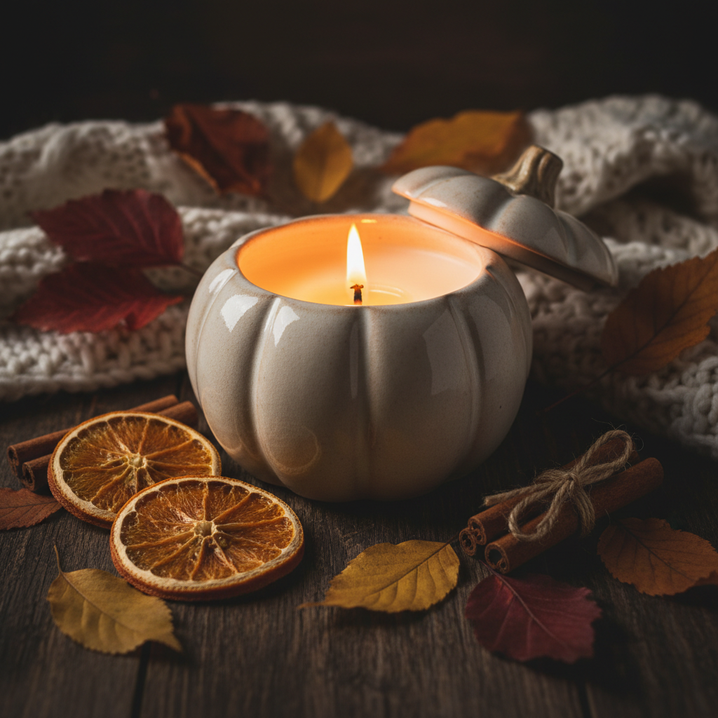 Ceramic pumpkin candle surrounded by autumn leaves, cinnamon sticks and dried oranges in a cosy lifestyle setting