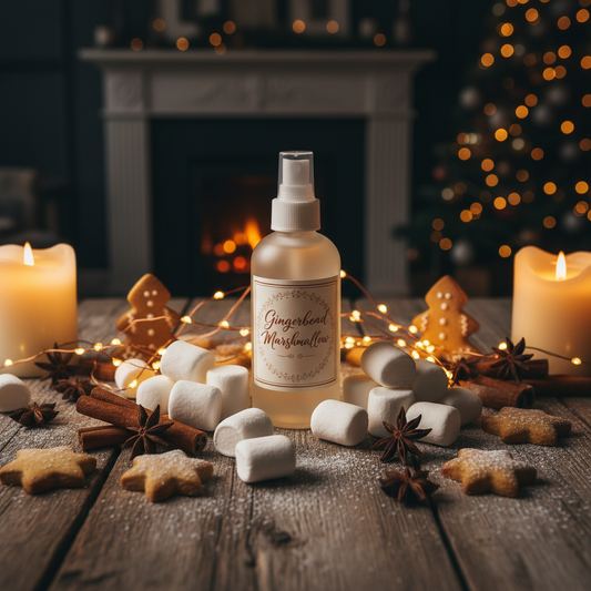Gingerbread Marshmallow Room Spray bottle surrounded by gingerbread cookies, marshmallows and fairy lights in a cosy festive setting