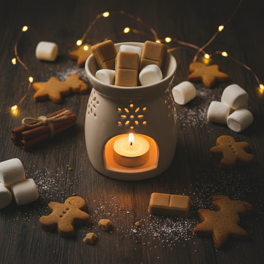 Gingerbread Marshmallow wax melt in a ceramic burner surrounded by festive props and warm candlelight