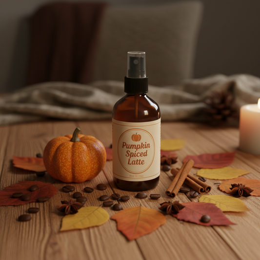 Pumpkin Spiced Latte Room Spray bottle surrounded by autumn props on a warm wooden surface